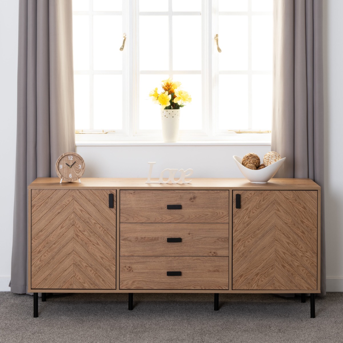 Leon 2 Door 3 Drawer Sideboard - Oak Effect - Budget Deals