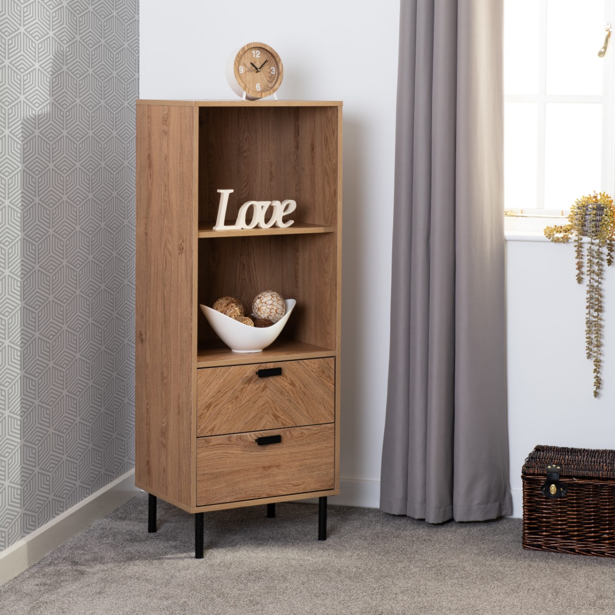 Leon 2 Drawer 2 Shelf Cabinet - Oak Effect - Budget Deals