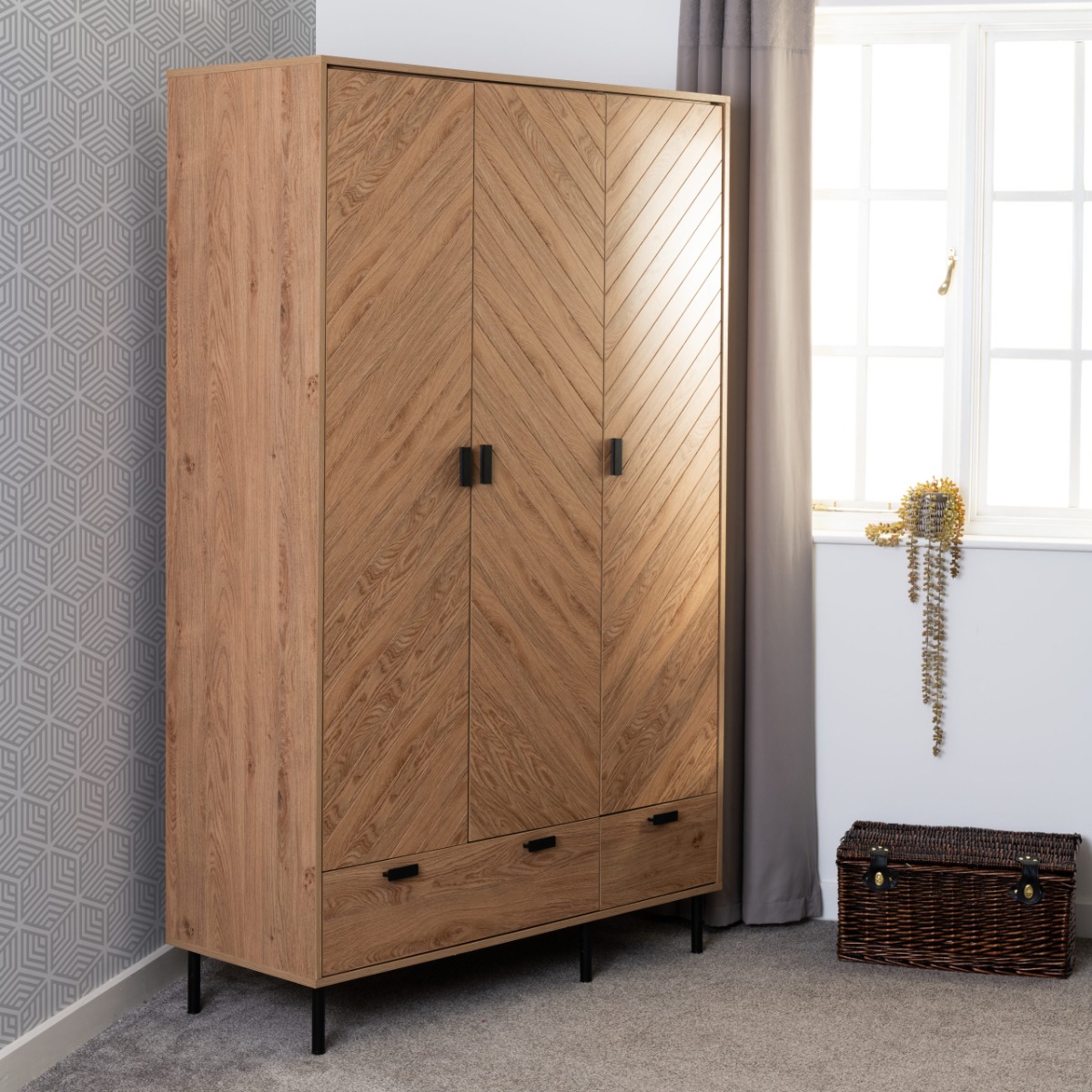 Wardrobe - LETHBRIDGE 3 Door Wardrobe Oak Effect 118.5cm - Budget Deals