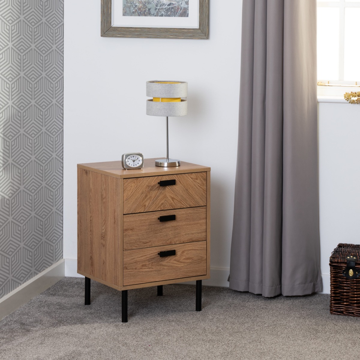 Leon 3 Drawer Bedside - Oak Effect - Budget Deals