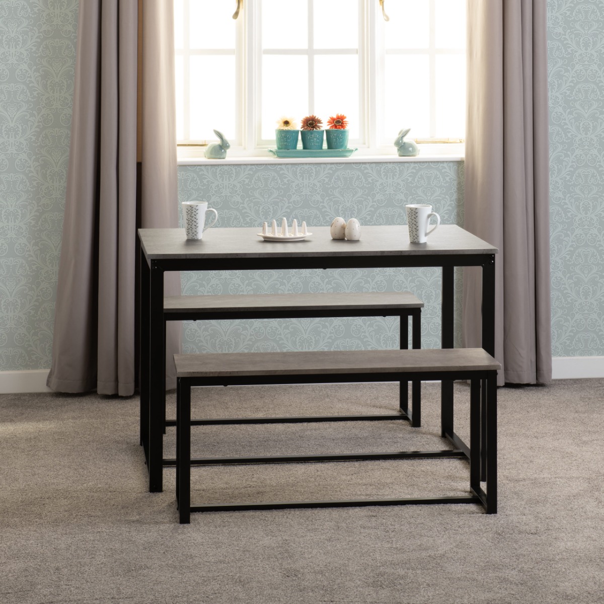 Lincoln 1+2 Dining Bench Set - Stone Effect Black - Budget Deals