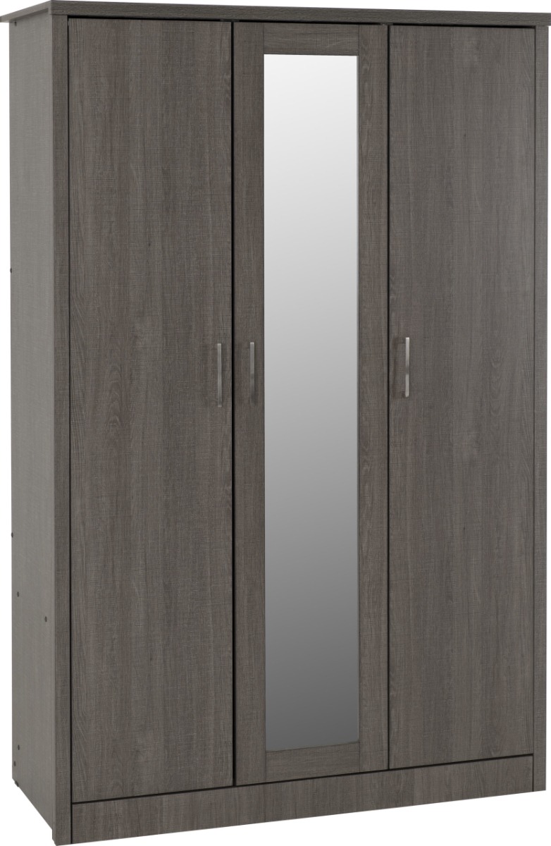 Wardrobe - LISKEARD 3 Door Mirrored Wardrobe Black Wood Grain 120cm - Budget Deals