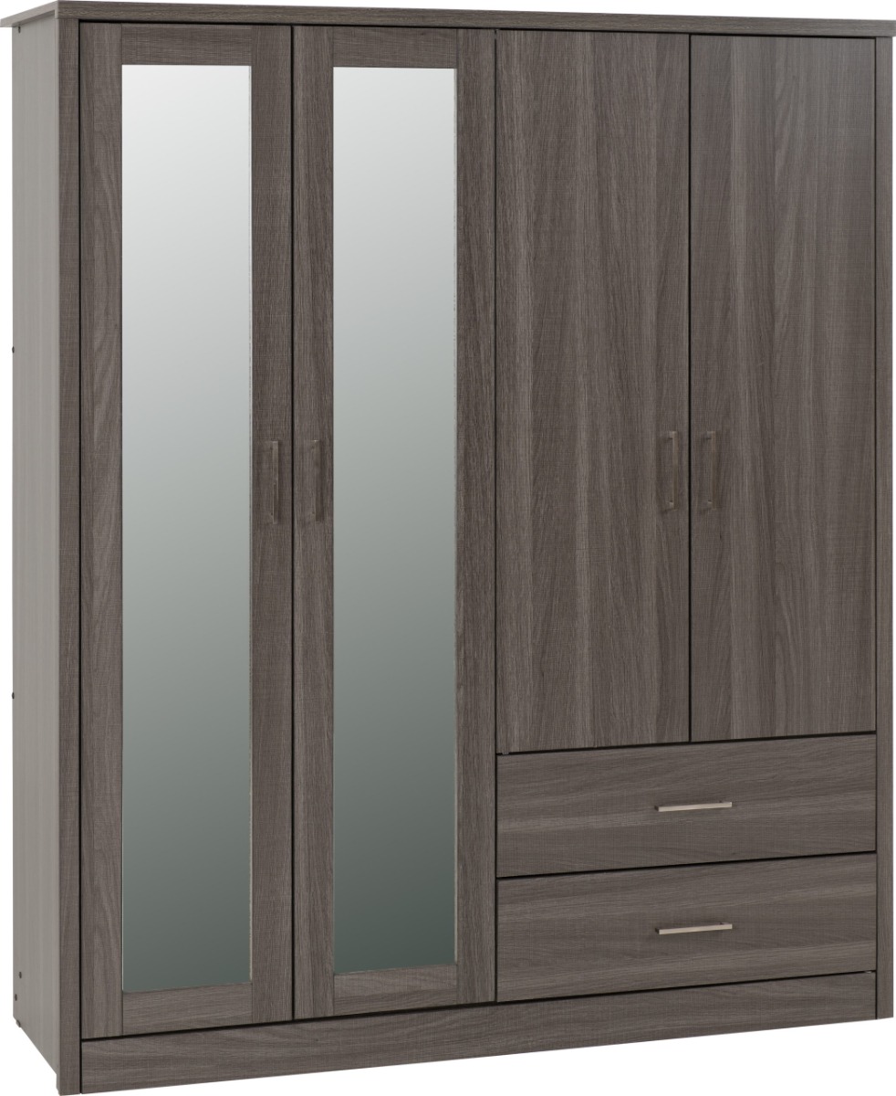 Wardrobe - LISKEARD 4 Door Mirrored Wardrobe Black Wood Grain 157cm - Budget Deals