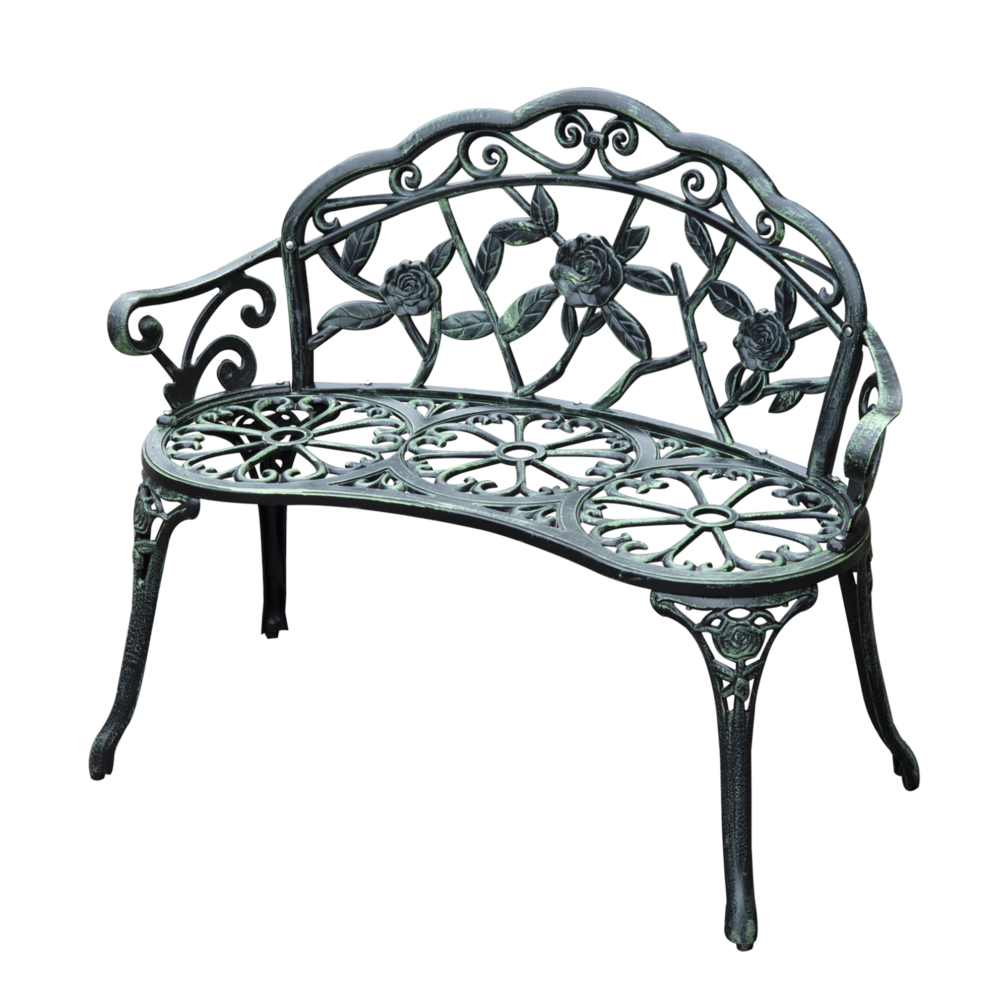 Cast Aluminium Outdoor Garden Patio Antique Rose Style Bench Porch Park Chair Seater - Green - Life Essentials