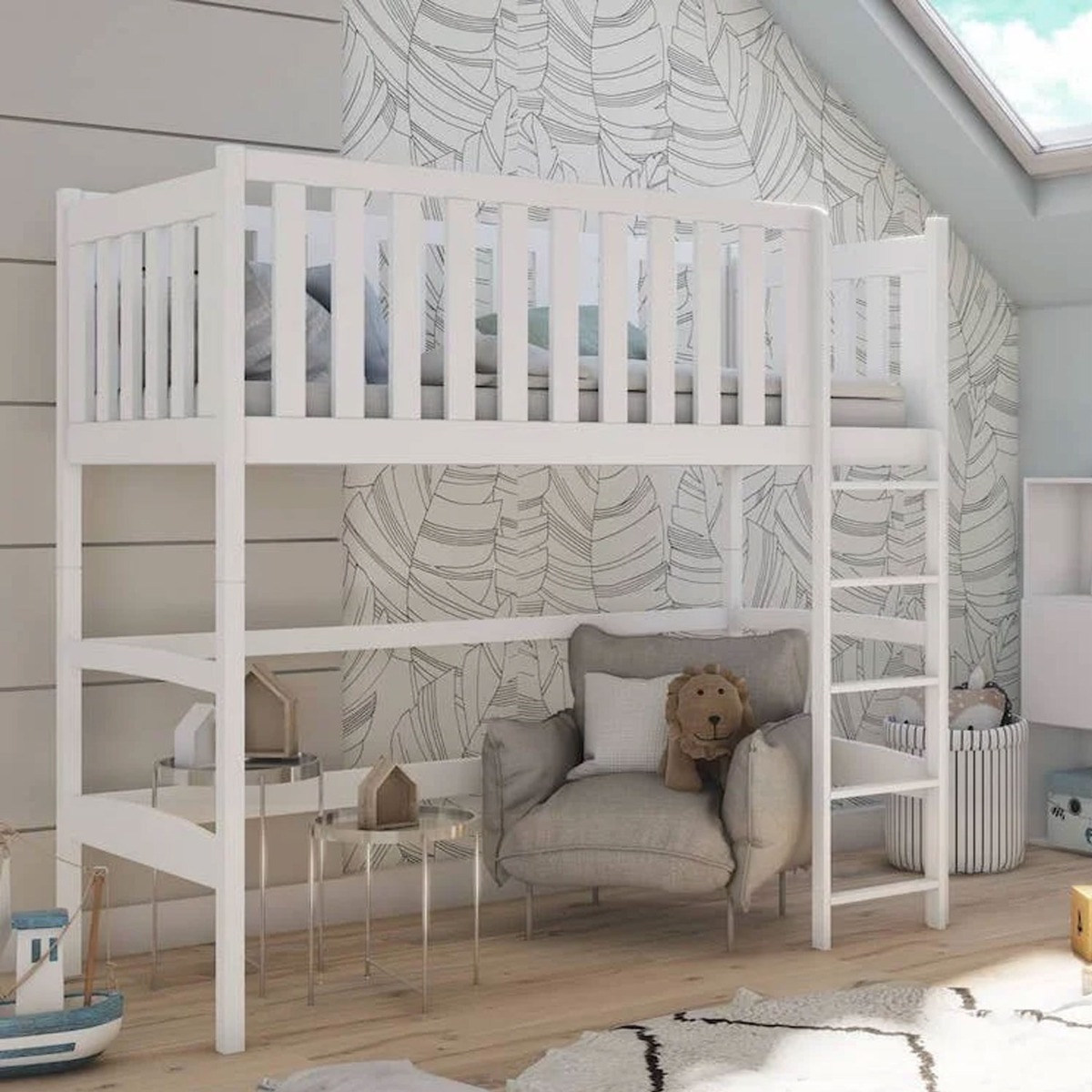 Everett Felix Wooden Loft Bed with Foam Mattress - White - Art Nest