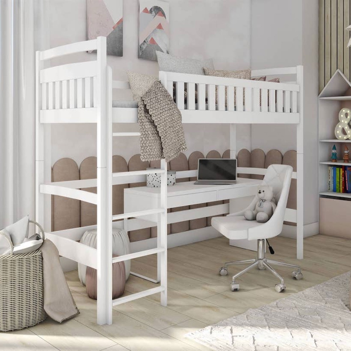 Winston Knox Wooden Loft Bed with Foam/Bonnell Mattress - White - Art Nest