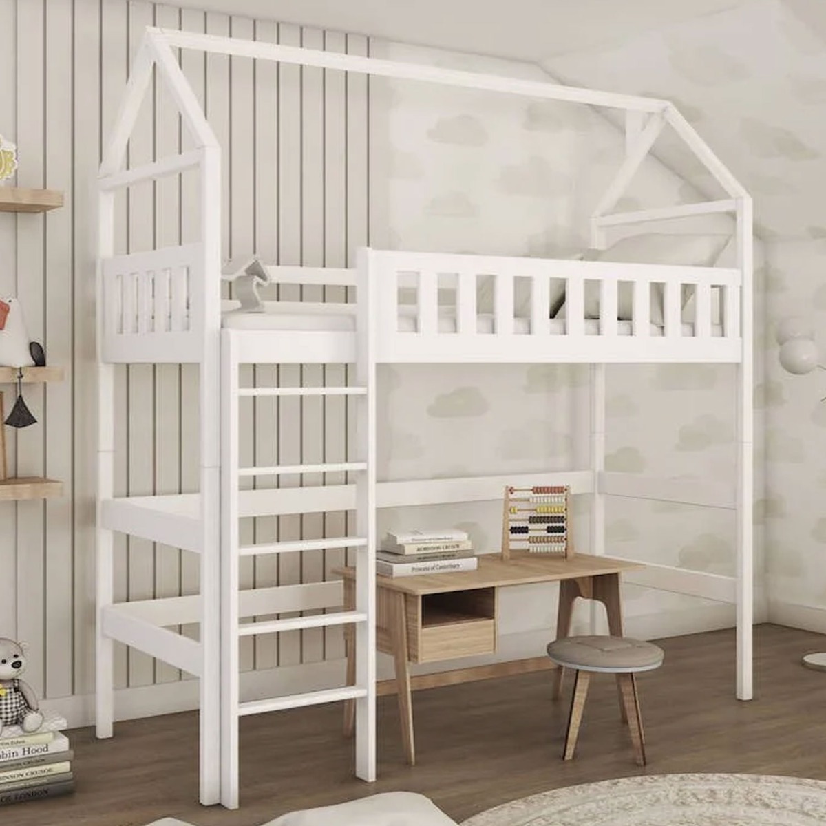 Maxwell Rex Wooden Loft Bed with Foam/Bonnell Mattress - White - Art Nest