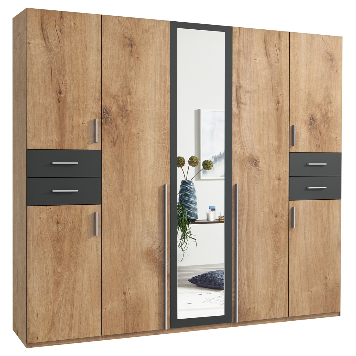 Wardrobe - FENTON 5 Door Wardrobe Finish Oak and Graphite 225cm - Wimex Distribution