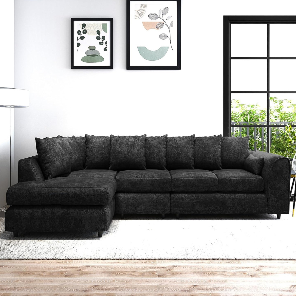 LORVANI Fabric Large 5 Seater L Shaped Scatterback Corner Sofa - Black, Left Hand Facing - Home Done