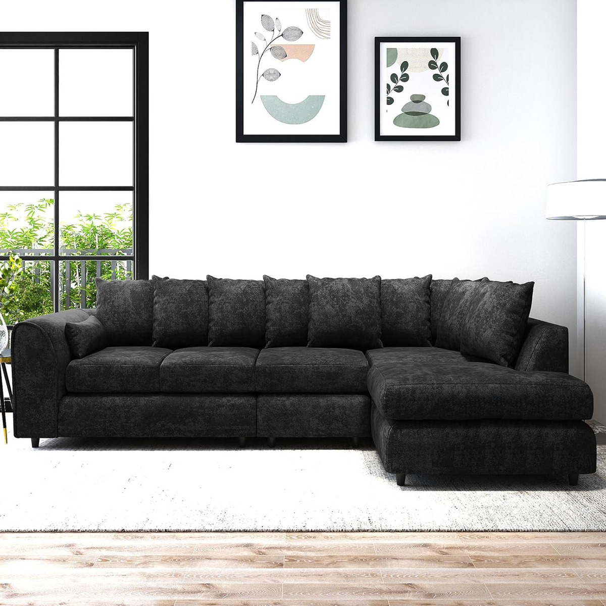 LORVANI Fabric Large 5 Seater L Shaped Scatterback Corner Sofa - Black, Right Hand Facing - Home Done