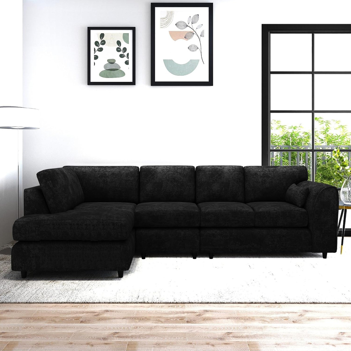 LORVANI Fabric Large 5 Seater L Shaped Fullback Corner Sofa - Black, Left Hand Facing - Home Done