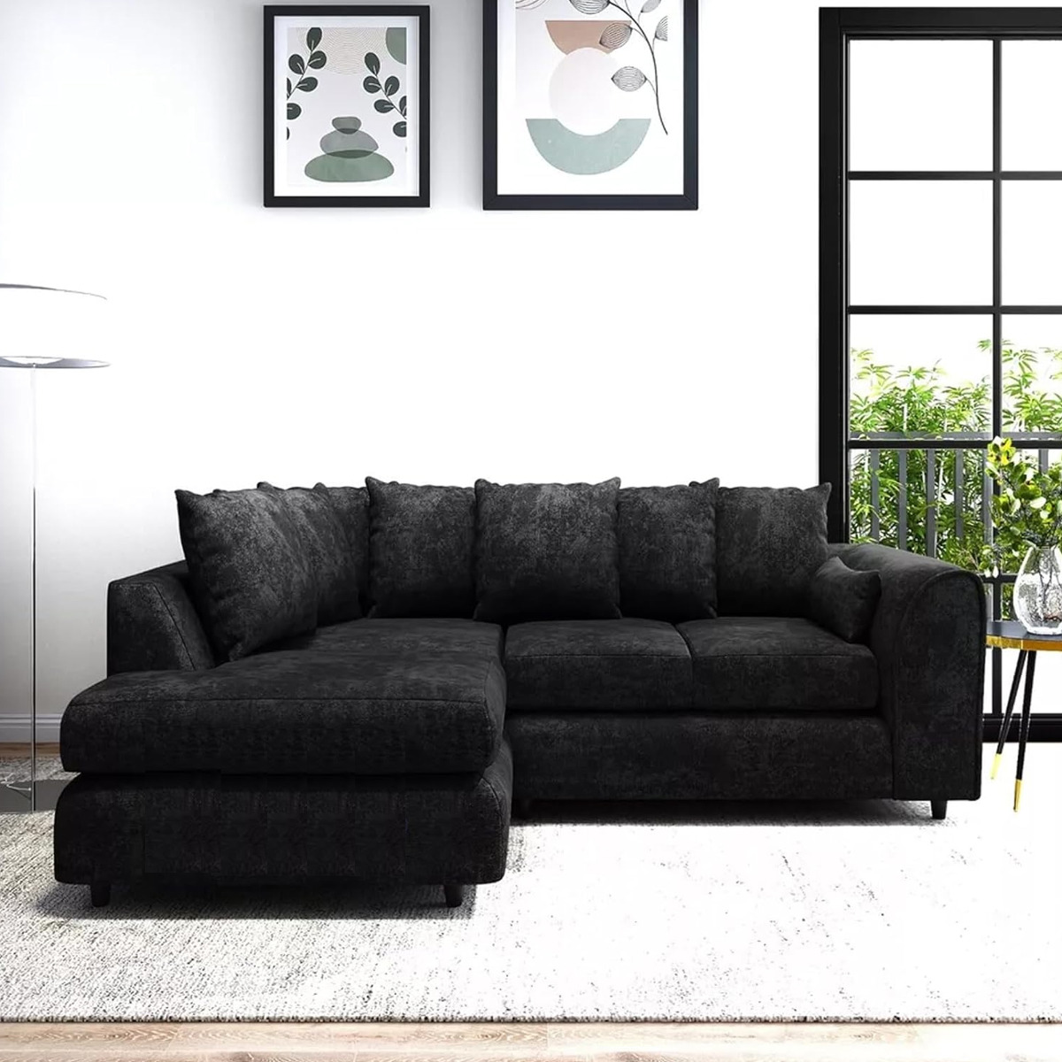 LORVANI Fabric 4 Seater L Shaped Scatterback Corner Sofa - Black, Left Hand Facing - Home Done