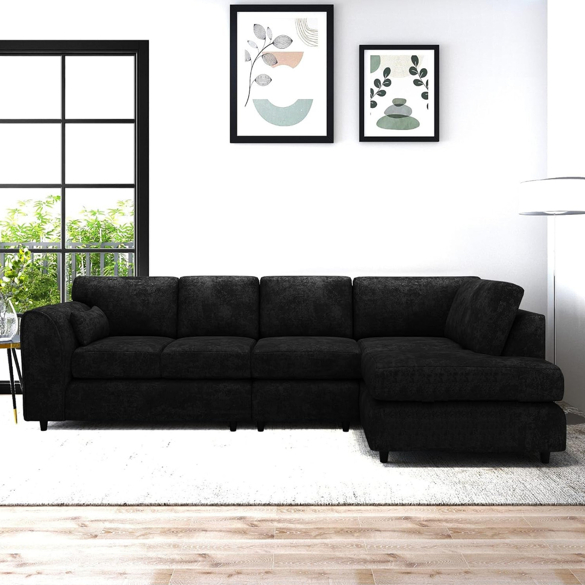 LORVANI Fabric Large 5 Seater L Shaped Fullback Corner Sofa - Black, Right Hand Facing - Home Done