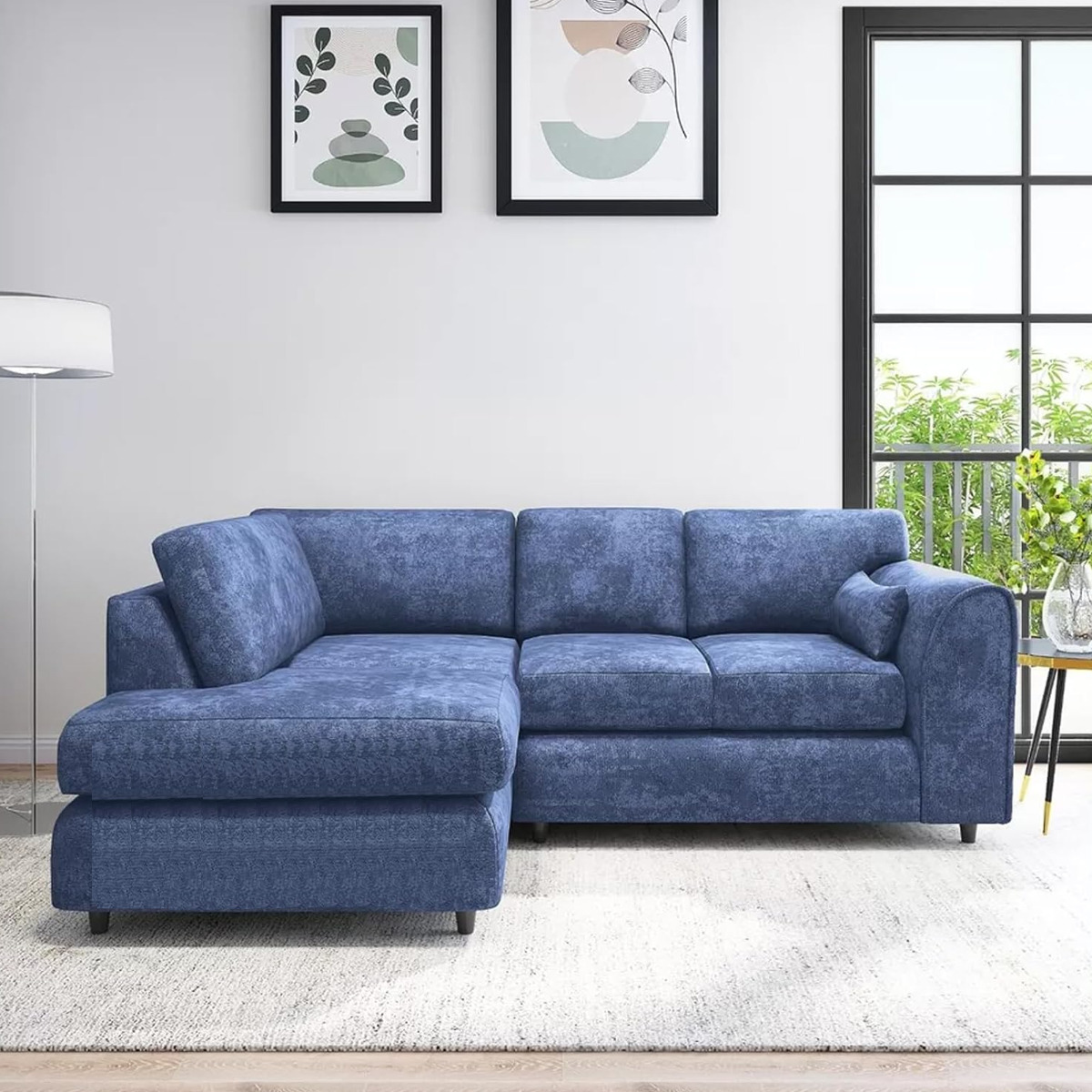 LORVANI Fabric 4 Seater L Shaped Fullback Corner Sofa - Midnight Blue, Left Hand Facing - Home Done