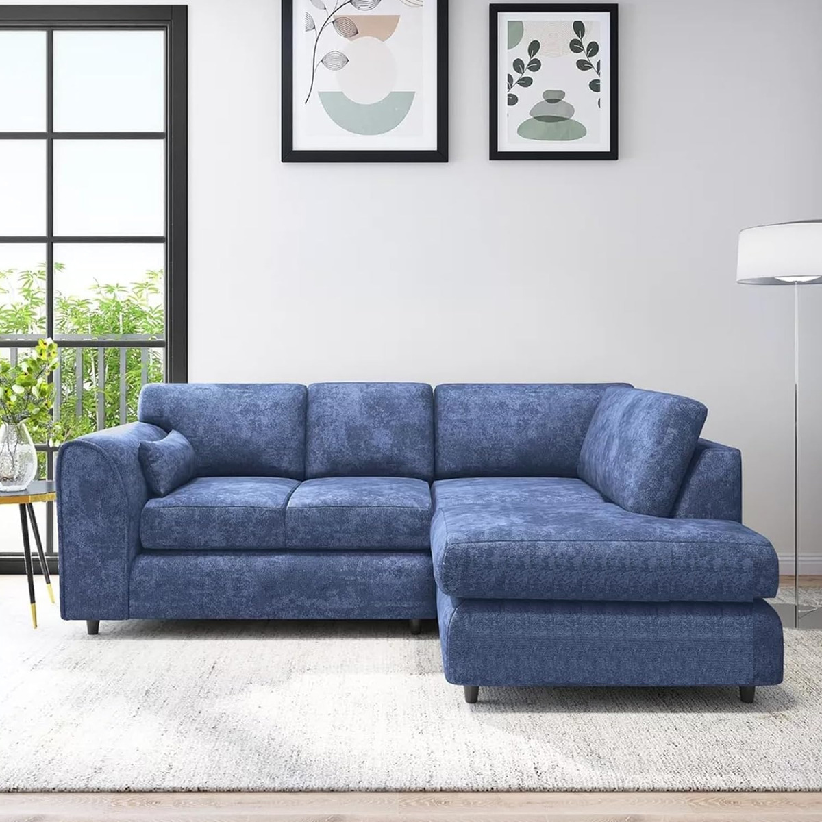 LORVANI Fabric 4 Seater L Shaped Fullback Corner Sofa - Midnight Blue, Right Hand Facing - Home Done