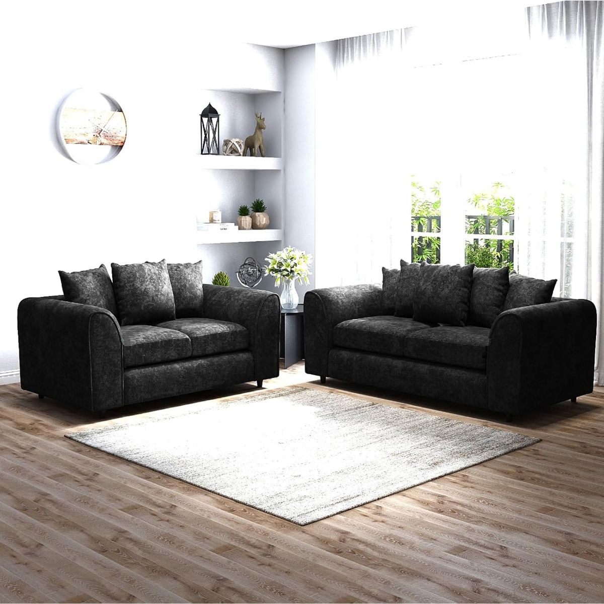 LORVANI Fabric 3 and 2 Seater Scatterback Sofa Set - Black - Home Done