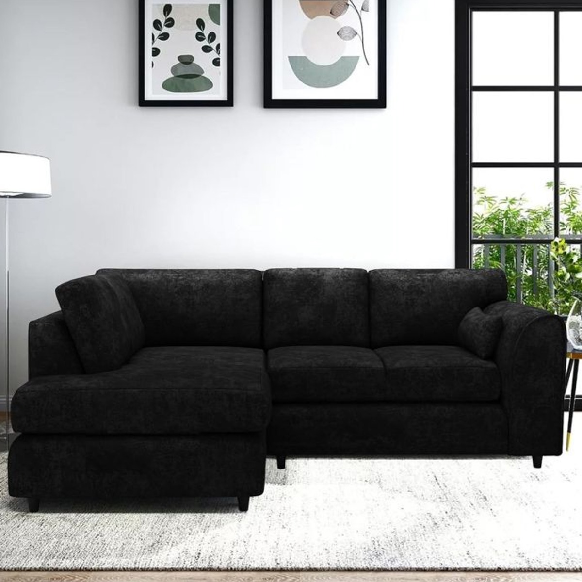 LORVANI Fabric 4 Seater L Shaped Fullback Corner Sofa - Black, Left Hand Facing - Home Done