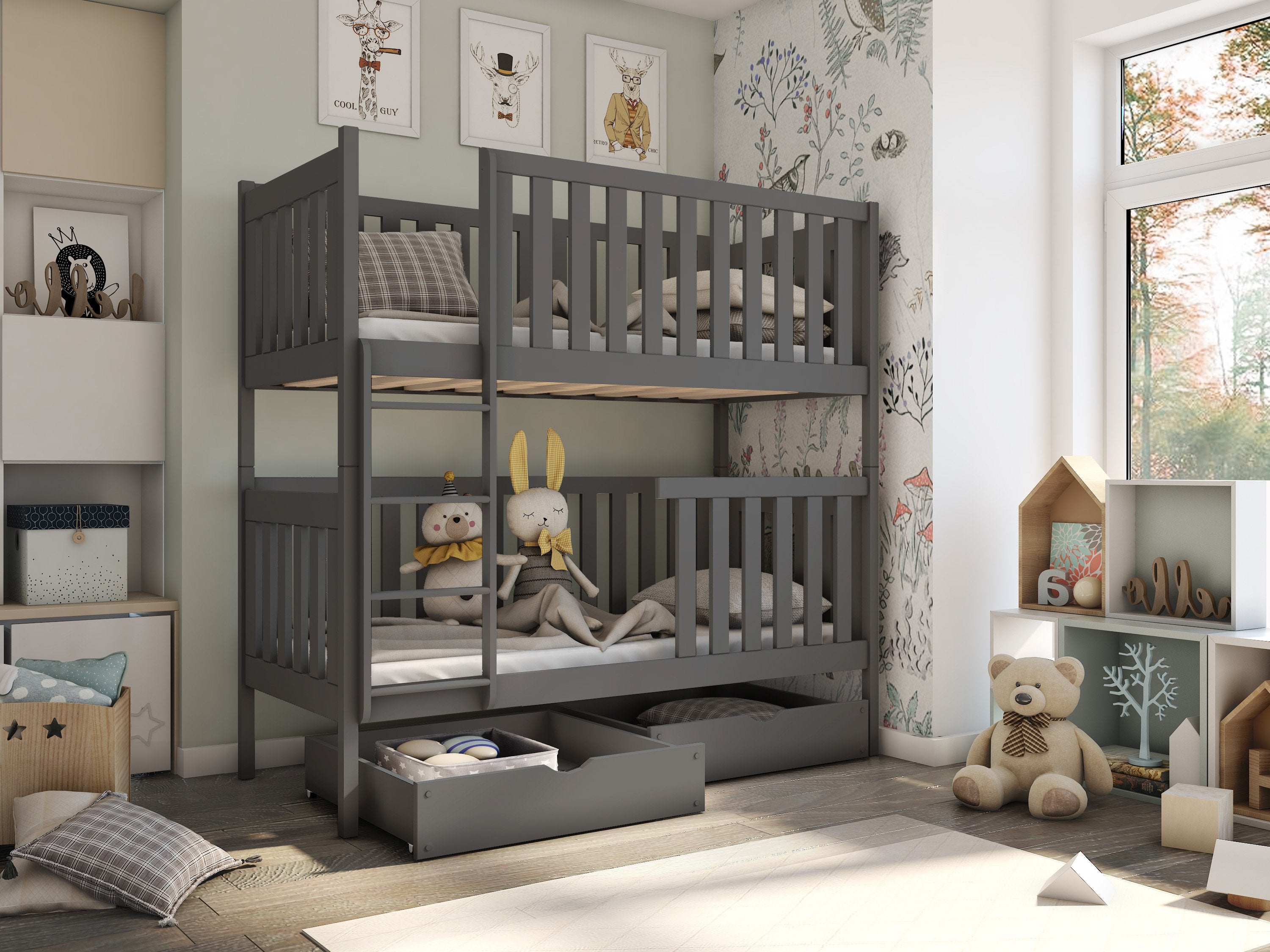 Edward 2 Drawers Storage Wooden Bunk Bed - Graphite - Art Nest
