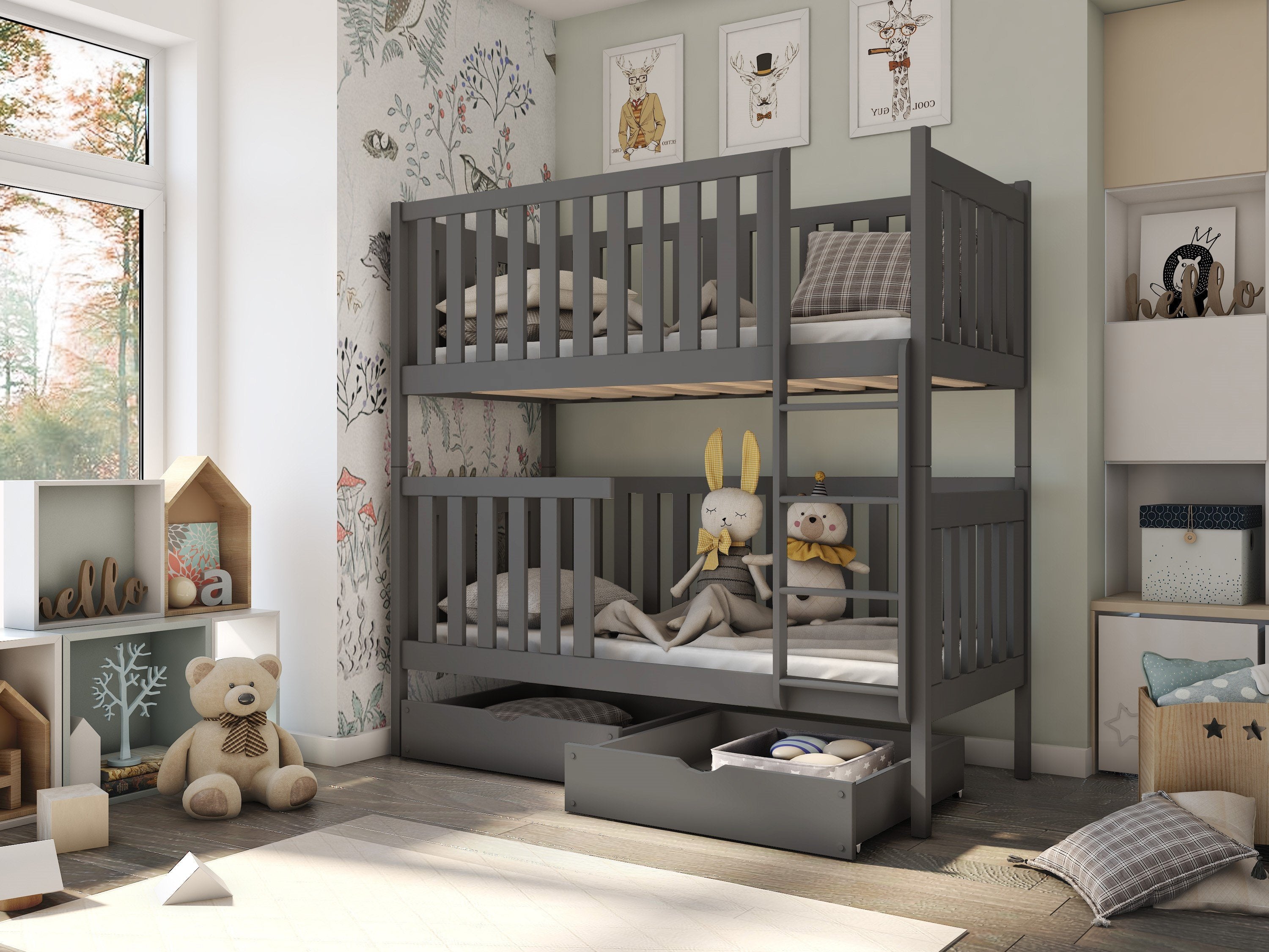 Edward 2 Drawers Storage Wooden Bunk Bed with Foam Mattress - Graphite - Art Nest