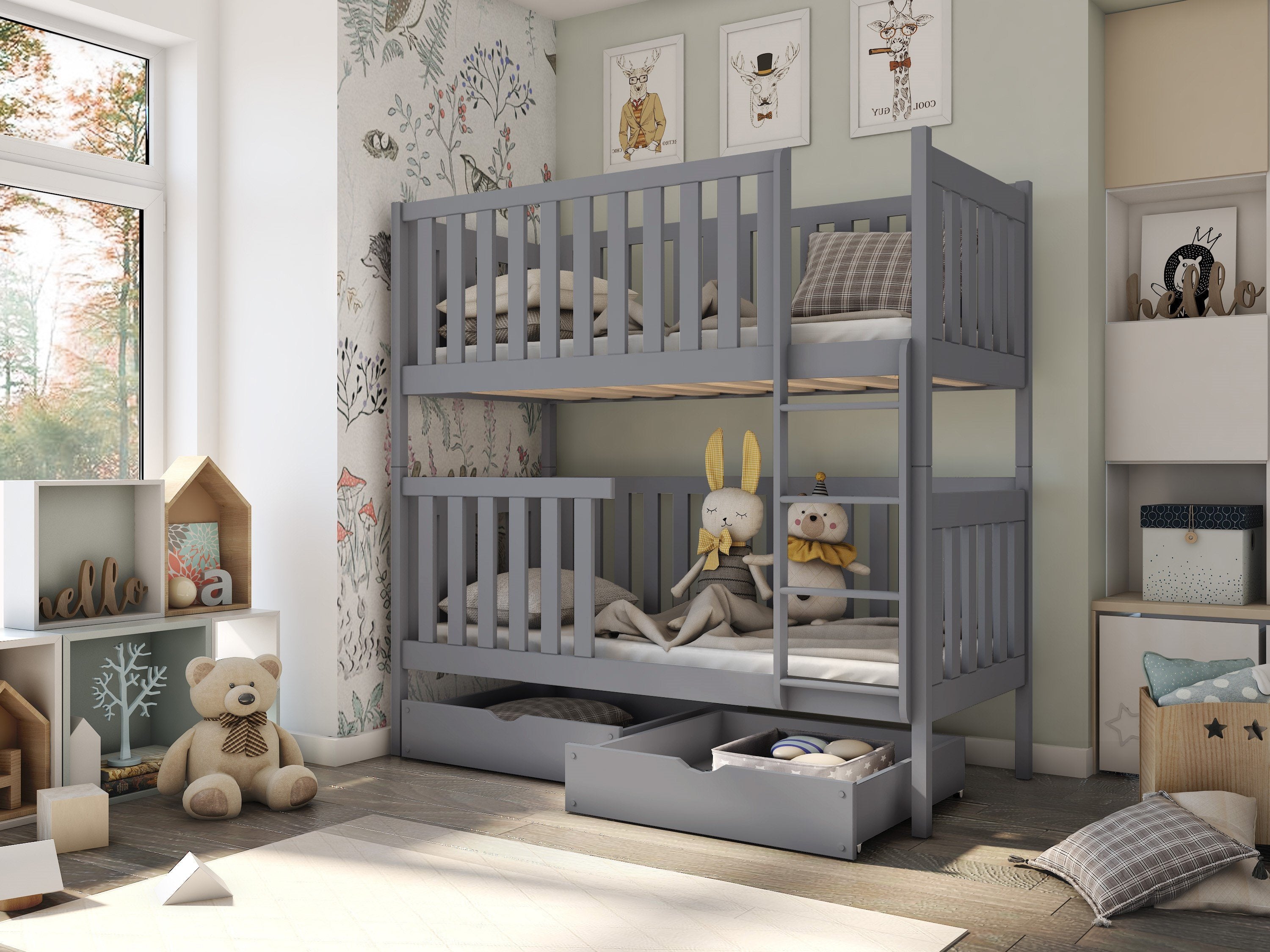 Edward 2 Drawers Storage Wooden Bunk Bed with Bonnell Foam Mattress - Grey - Art Nest