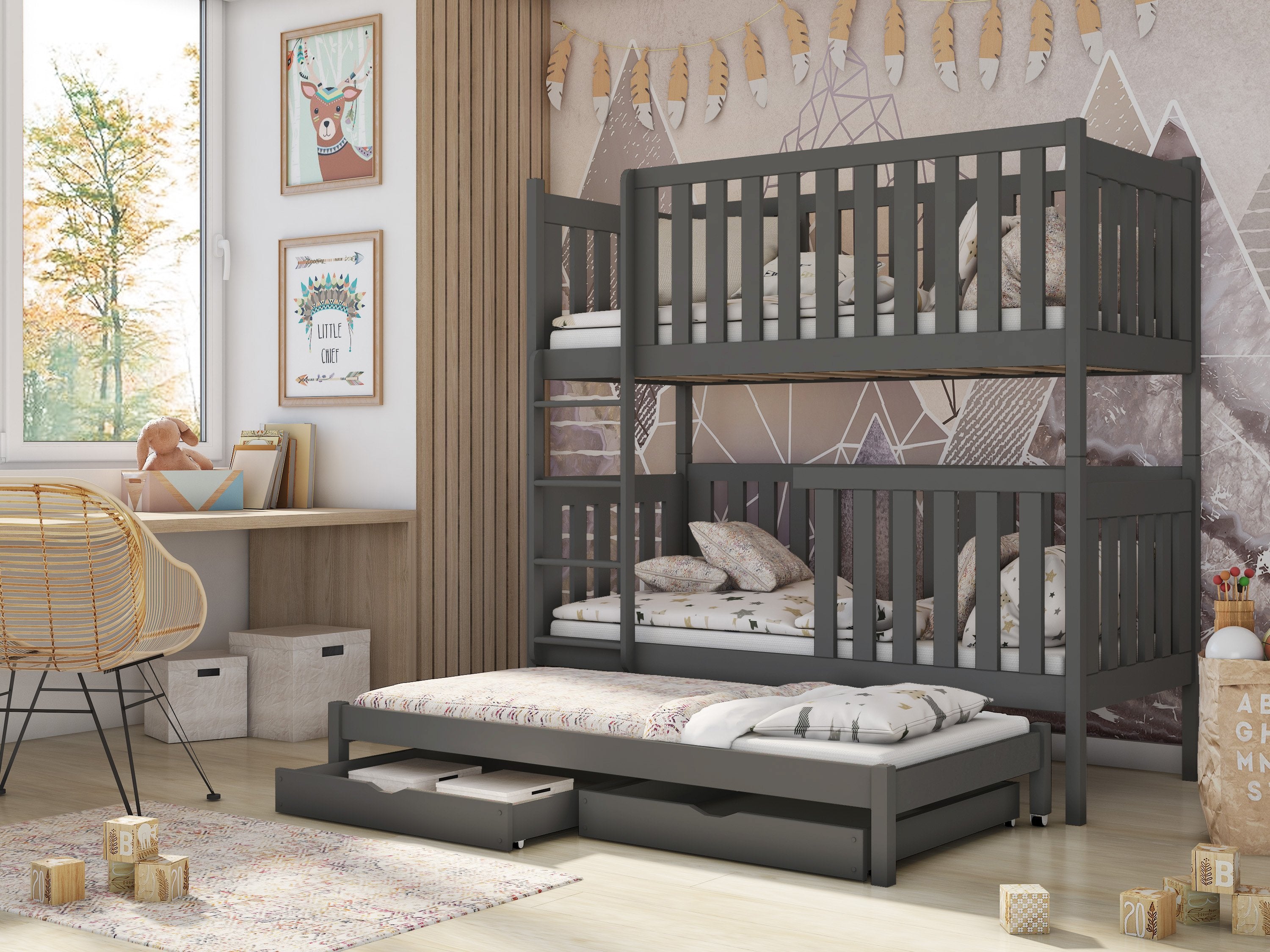 Persian Wooden 2 Drawer Storage Kids Bunk Bed with Trundle and Foam Mattress - Graphite - Art Nest