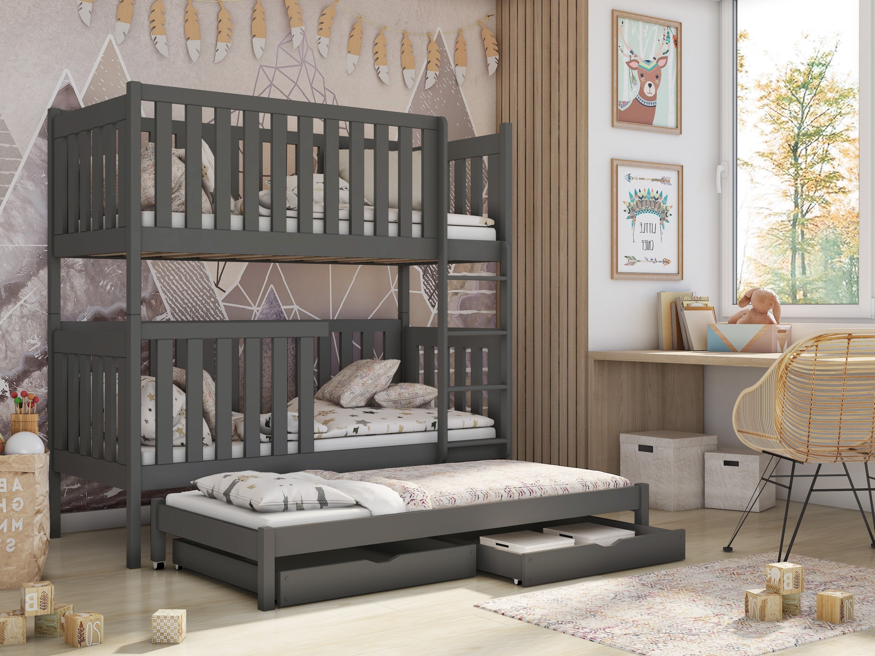 Persian Wooden 2 Drawer Storage Kids Bunk Bed with Trundle - Graphite - Art Nest