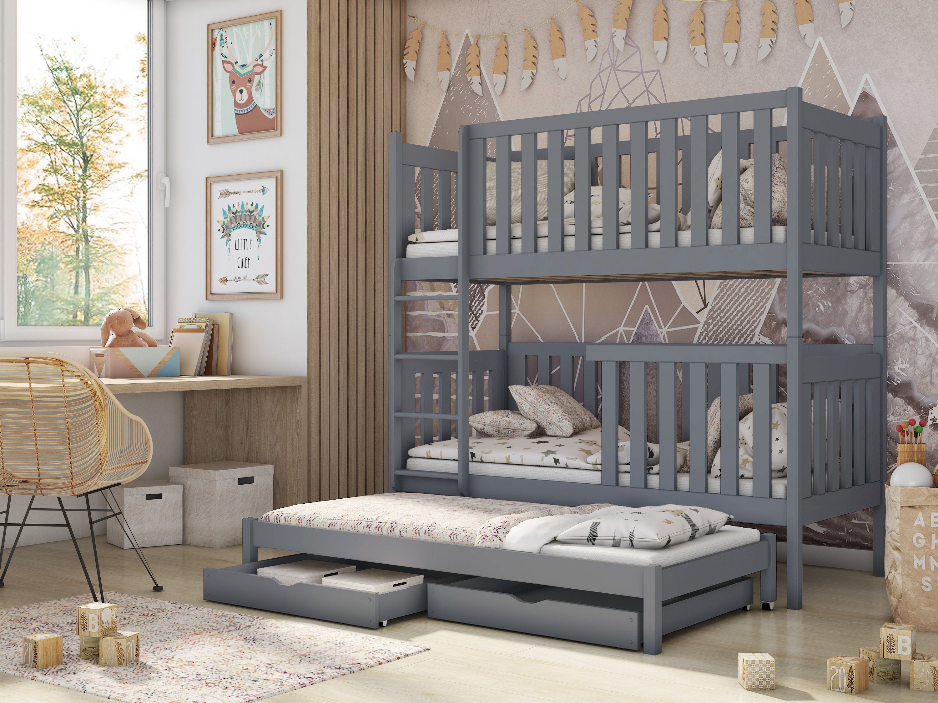 Persian Wooden 2 Drawer Storage Kids Bunk Bed with Trundle and Foam Mattress - Grey - Art Nest