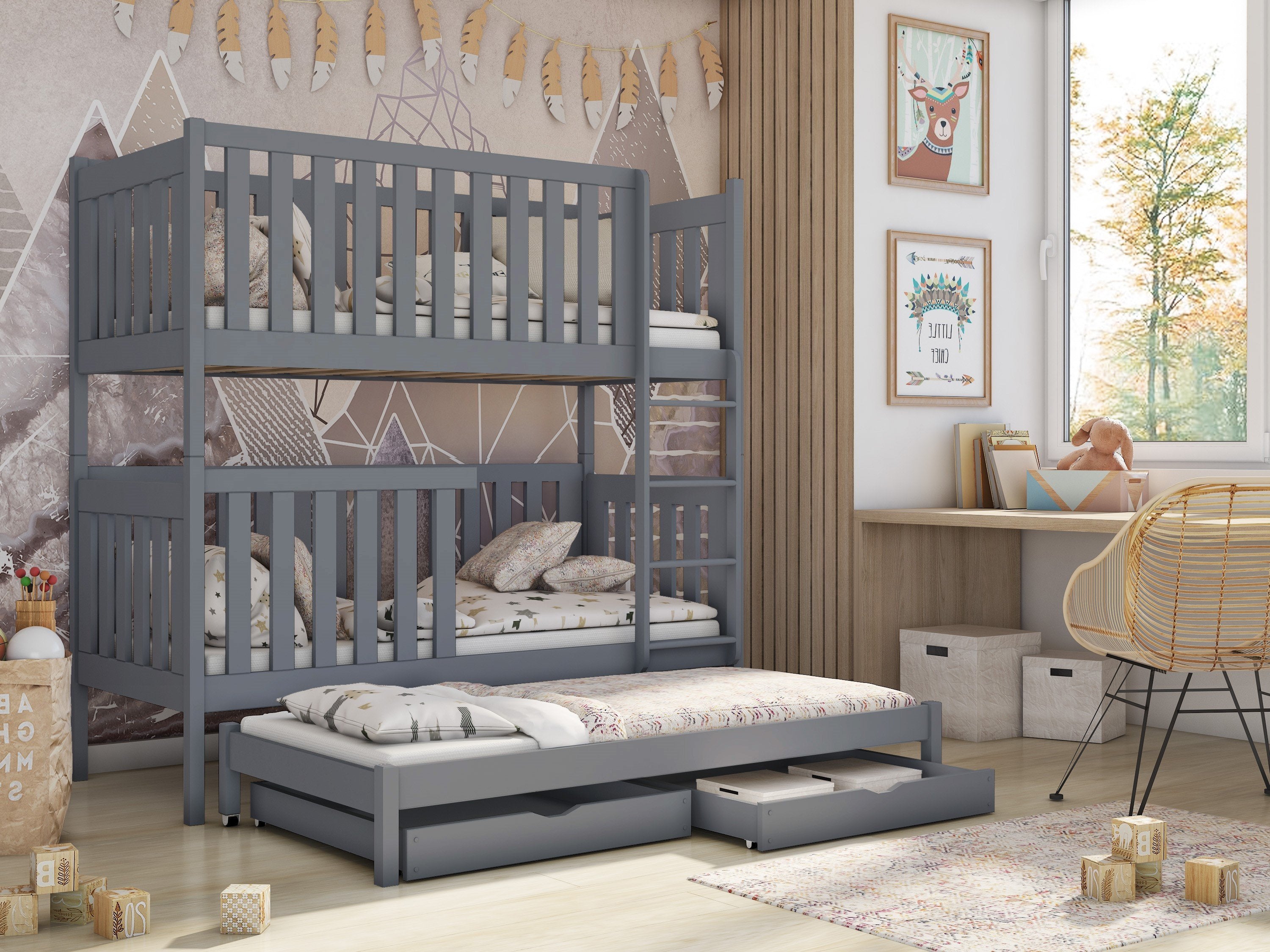 Persian Wooden 2 Drawer Storage Kids Bunk Bed with Trundle - Grey - Art Nest