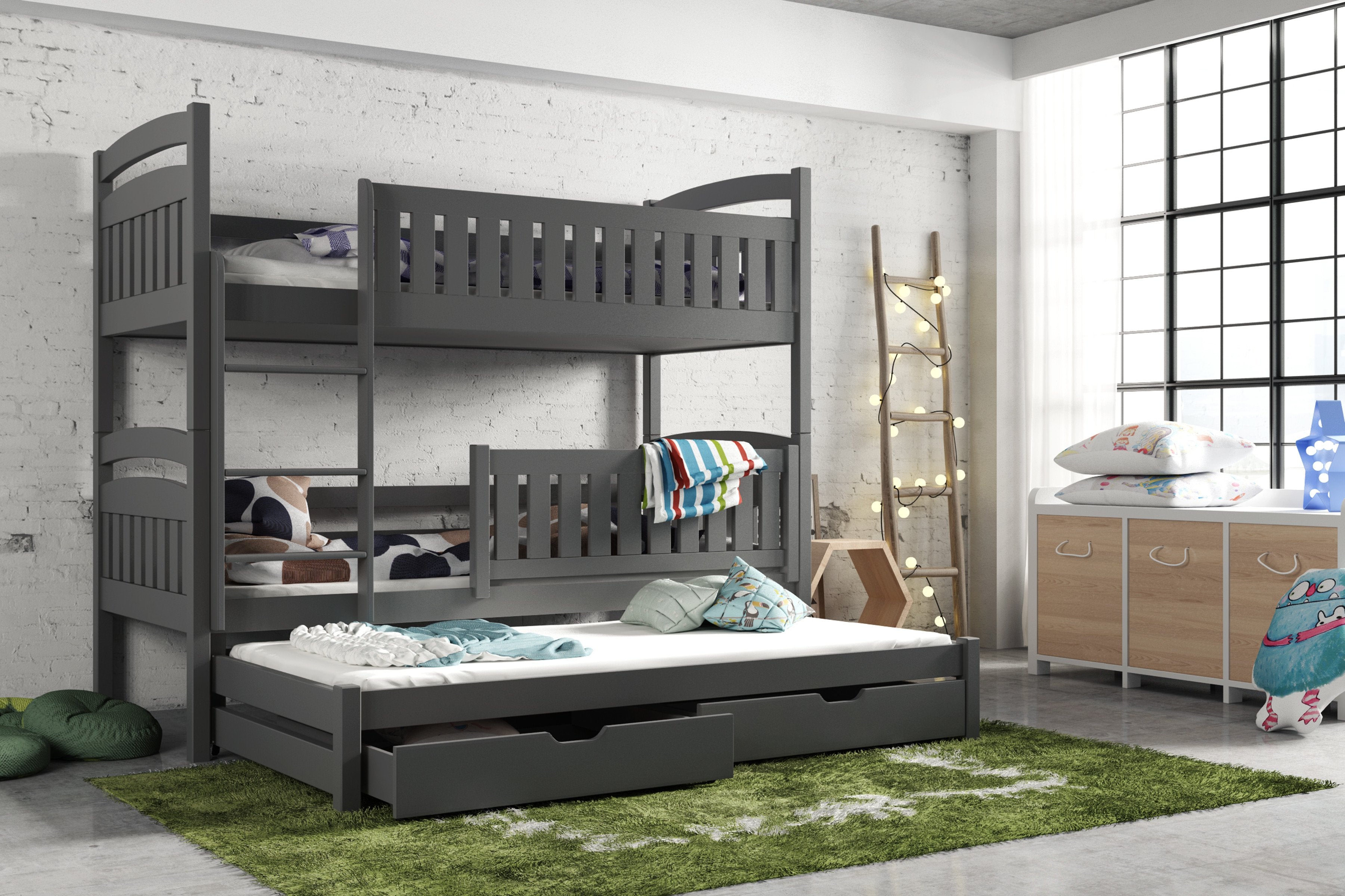 Brenda Wooden 2 Drawers Bunk Bed with Trundle - Graphite - Art Nest