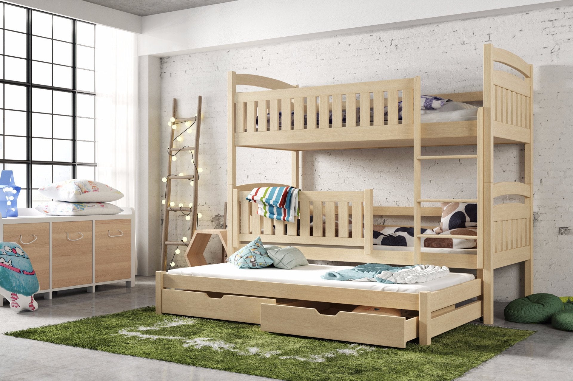Brenda Wooden 2 Drawers Bunk Bed with Trundle and Foam Mattress - Pine - Art Nest