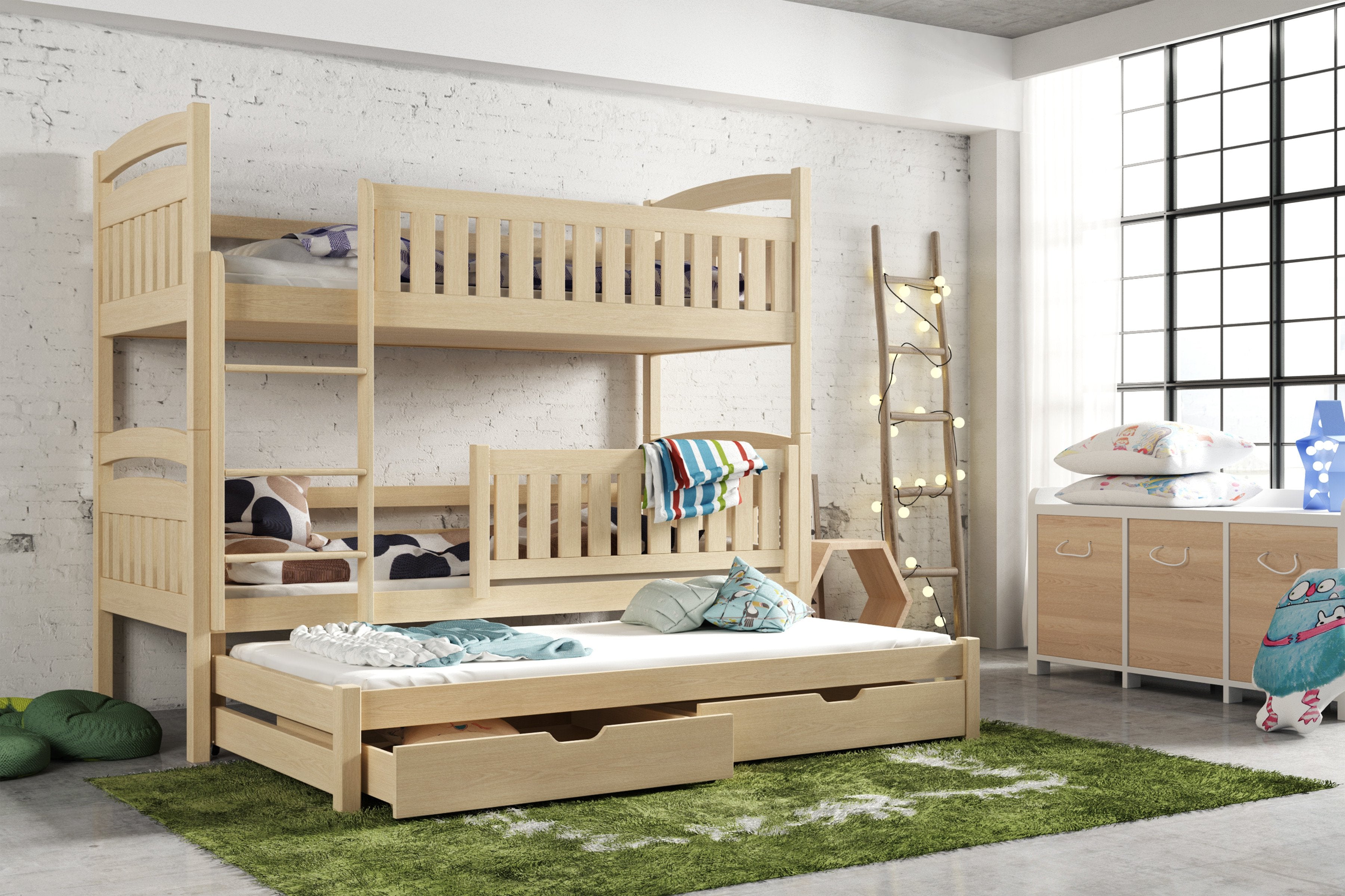 Brenda Wooden 2 Drawers Bunk Bed with Trundle - Pine - Art Nest