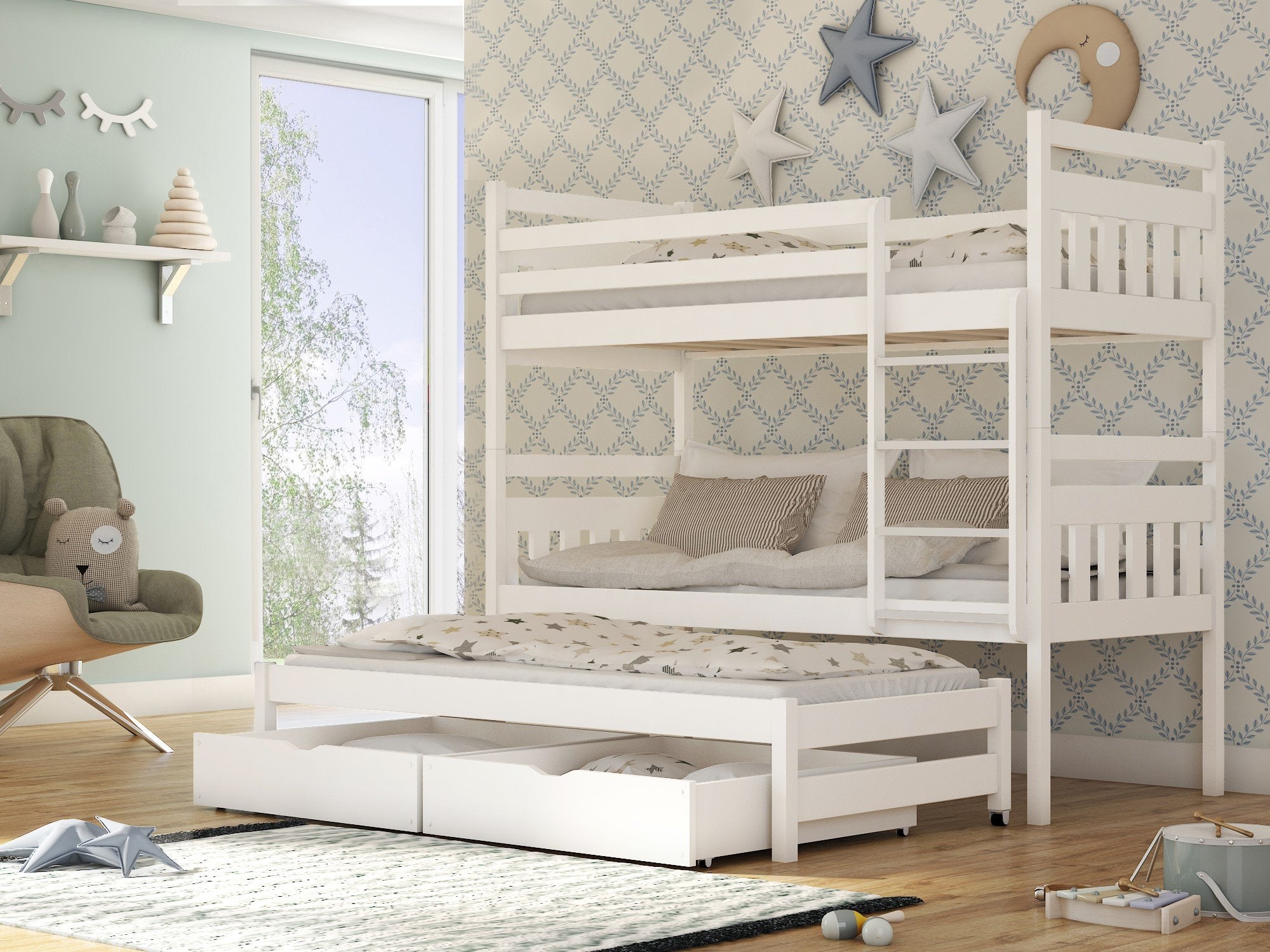 RYN Wooden 2 Drawers Storage Double Bed with Trundle and Foam Mattress - White - Art Nest