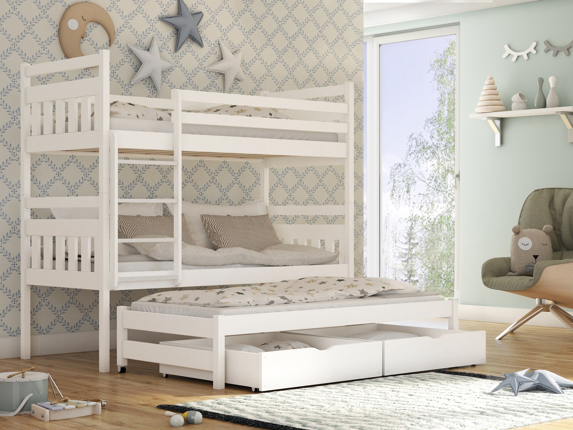 RYN Wooden 2 Drawers Storage Double Bed with Trundle - White - Art Nest