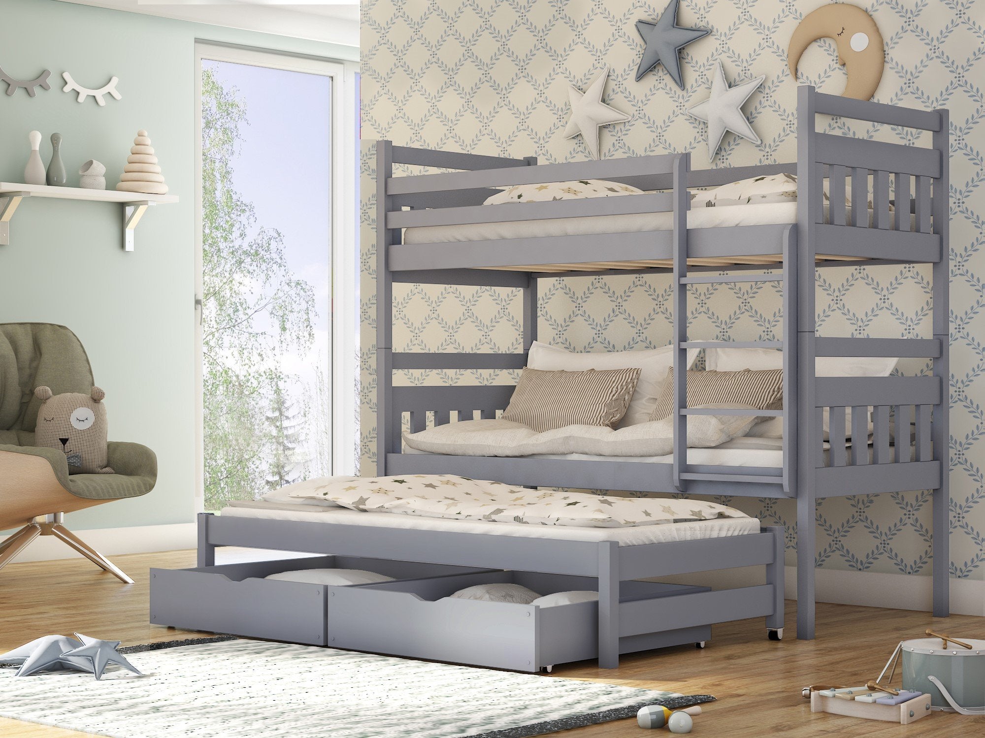 RYN Wooden 2 Drawers Storage Double Bed with Trundle and Foam Mattress - Grey - Art Nest