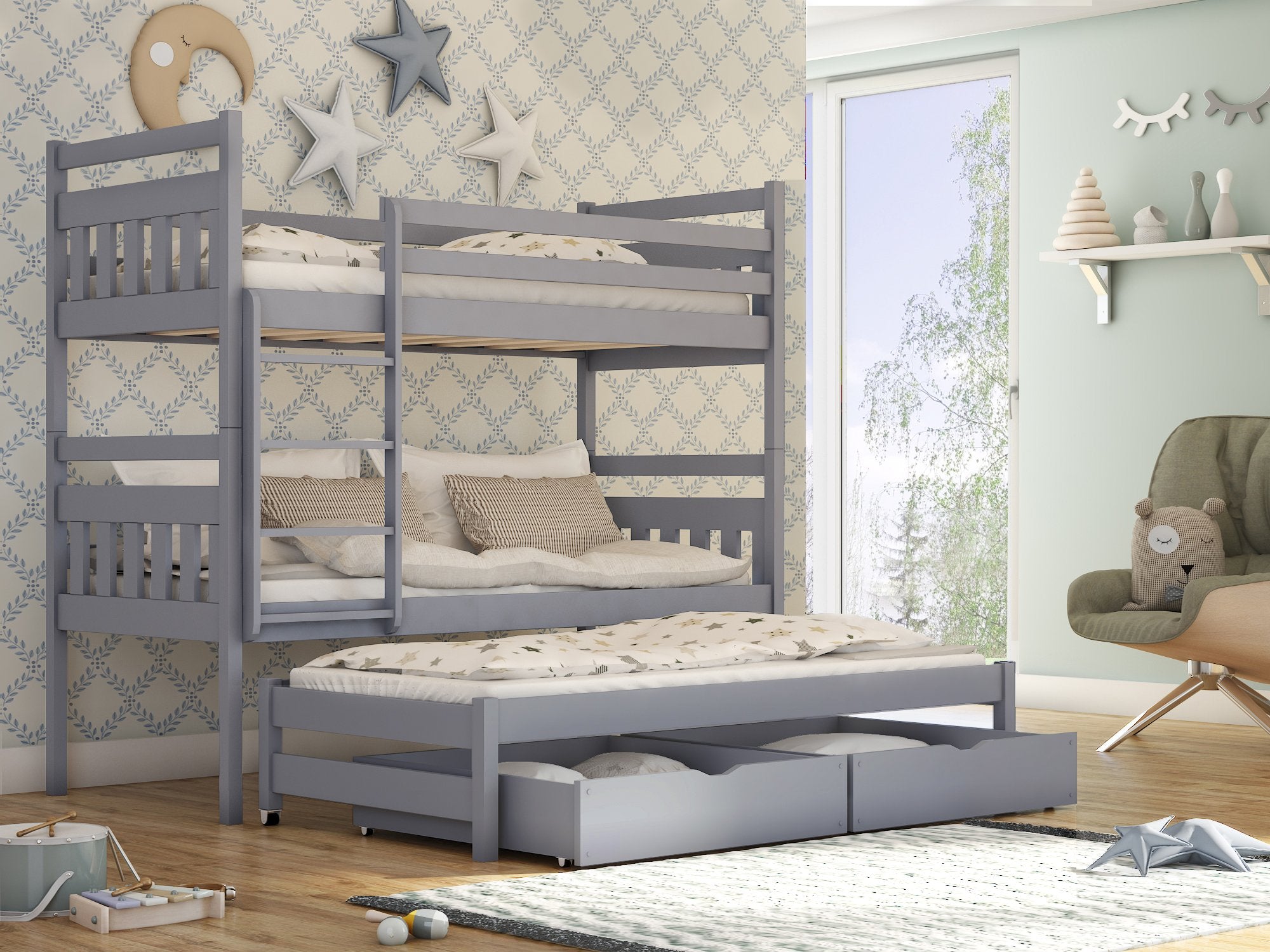 RYN Wooden 2 Drawers Storage Double Bed with Trundle - Grey - Art Nest