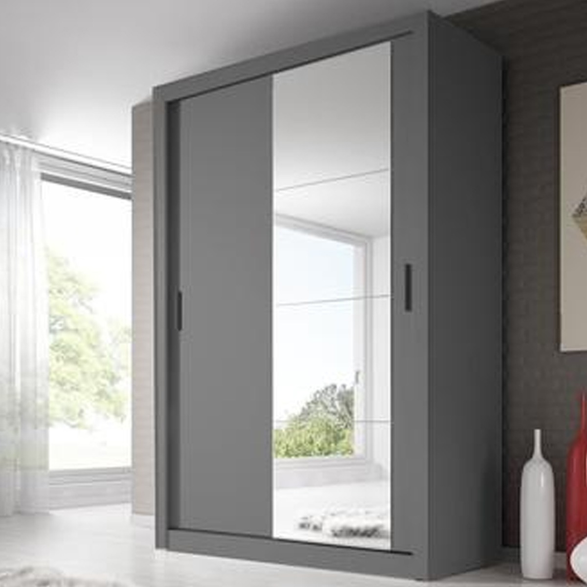 Sliding Wardrobe - IRVINE 2 Door Mirrored Wardrobe Grey Matt 150cm - Art Nest