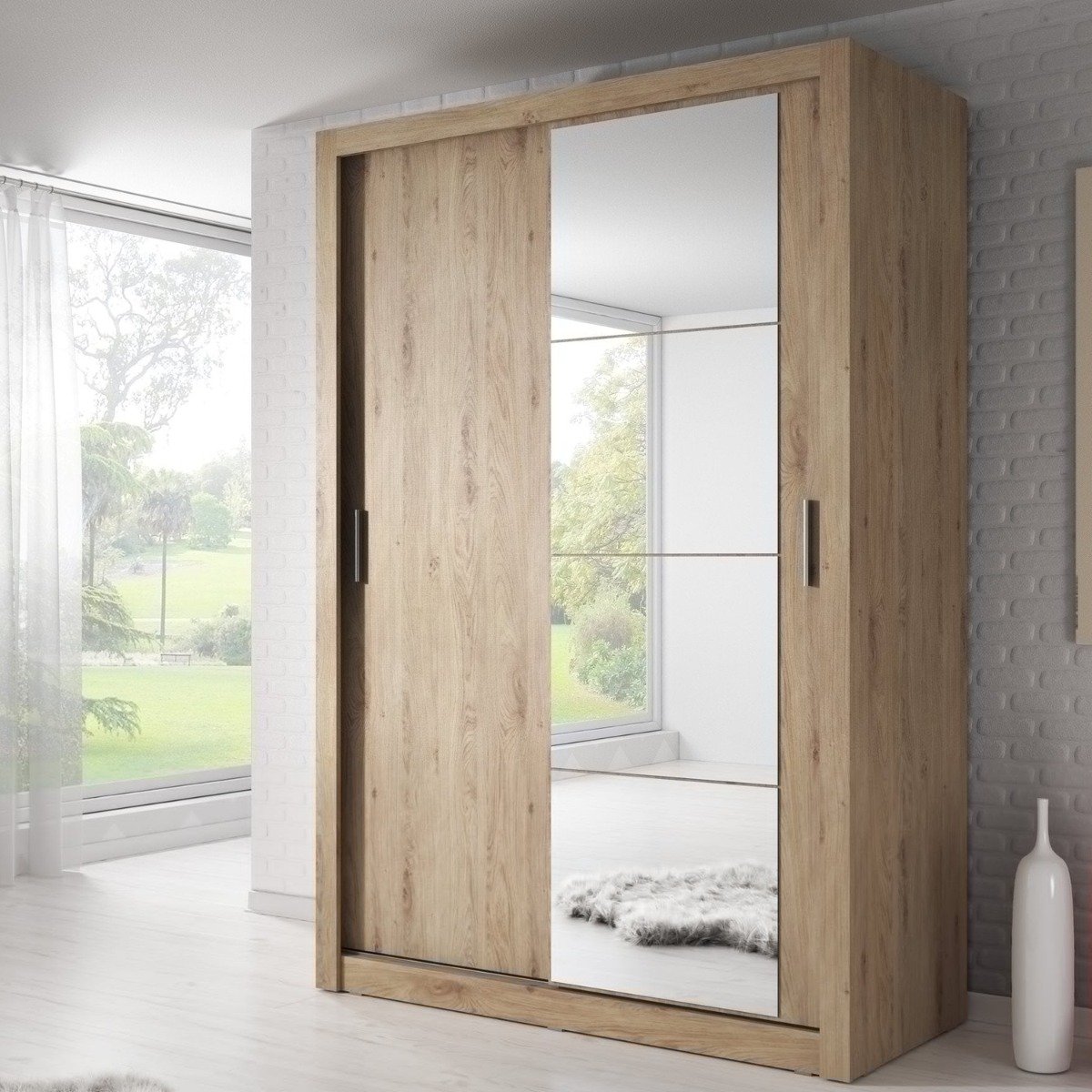 Sliding Wardrobe - IRVINE 2 Door Mirrored Wardrobe Oak 150cm - Art Nest