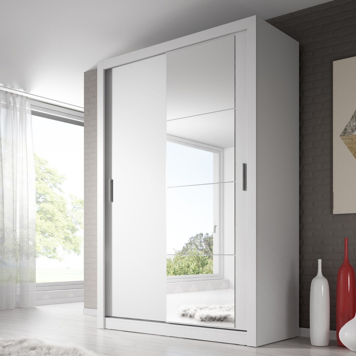 Sliding Wardrobe - IRVINE 2 Door Mirrored Wardrobe White Matt 150cm - Art Nest
