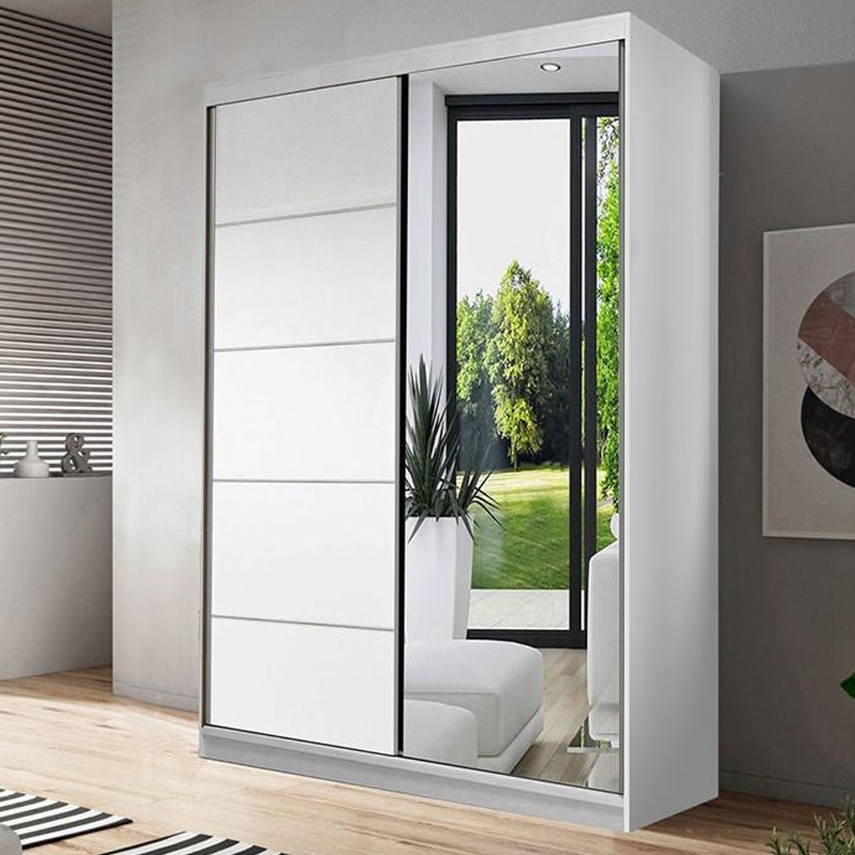 NISSAN II 2 Door Mirrored Sliding Wardrobe White Matt - 120cm - Art Nest