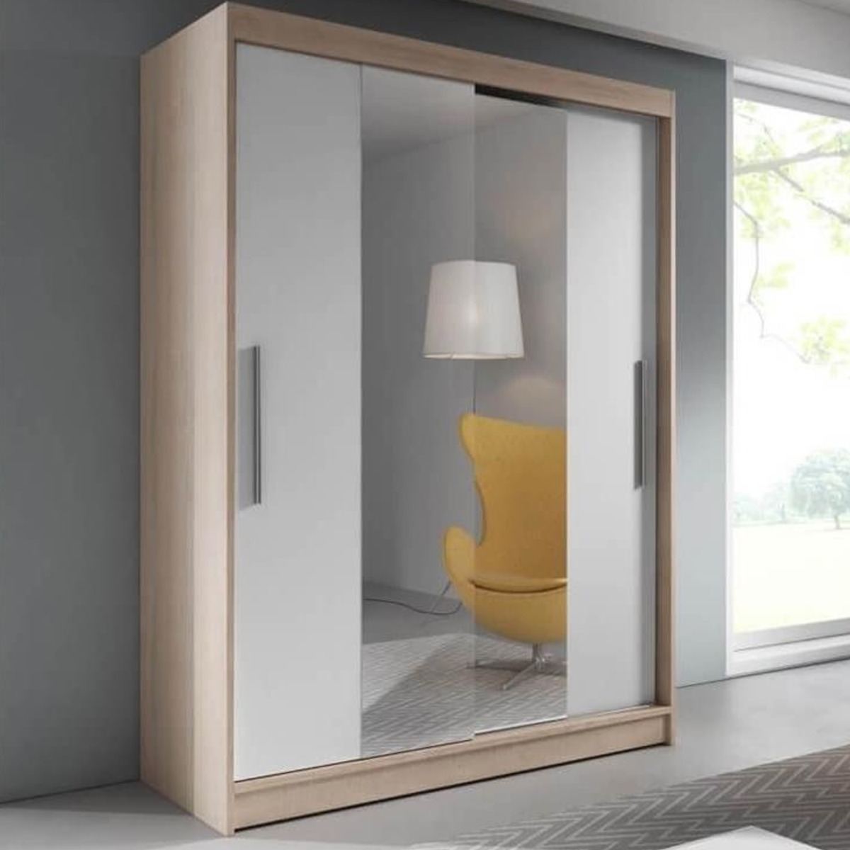 Sliding Wardrobe - VERCELLI 2 Door Mirrored Wardrobe Sonoma Oak with White Matt 150cm - Art Nest