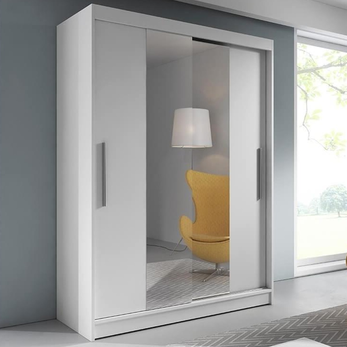 Sliding Wardrobe - VERCELLI 2 Door Mirrored Wardrobe White Matt 150cm - Art Nest