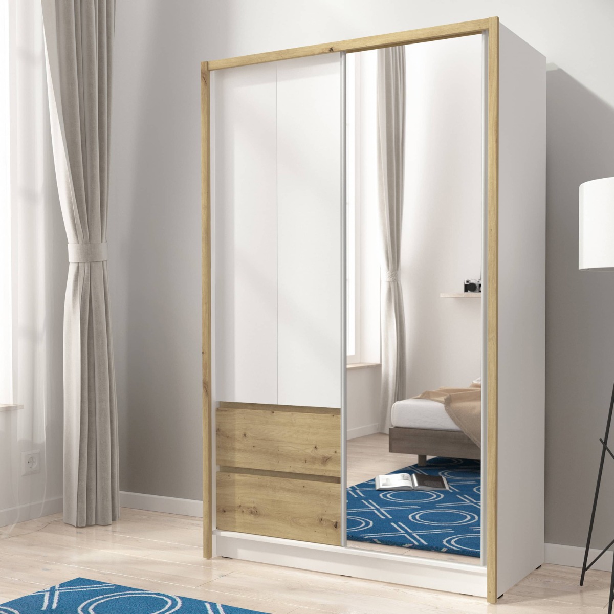 Sliding Wardrobe - SLACK 3 Door Mirrored Wardrobe Oak Artisan 134cm - Art Nest