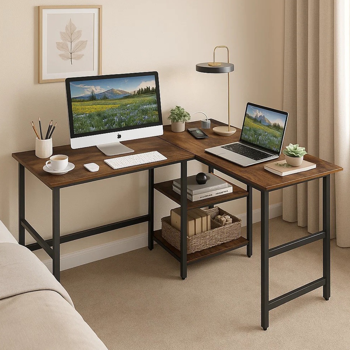 VANTORA Computer Desk L-Shaped Office Desk with USB and Type-C Charging Ports - Rustic Brown - The Urban Forge