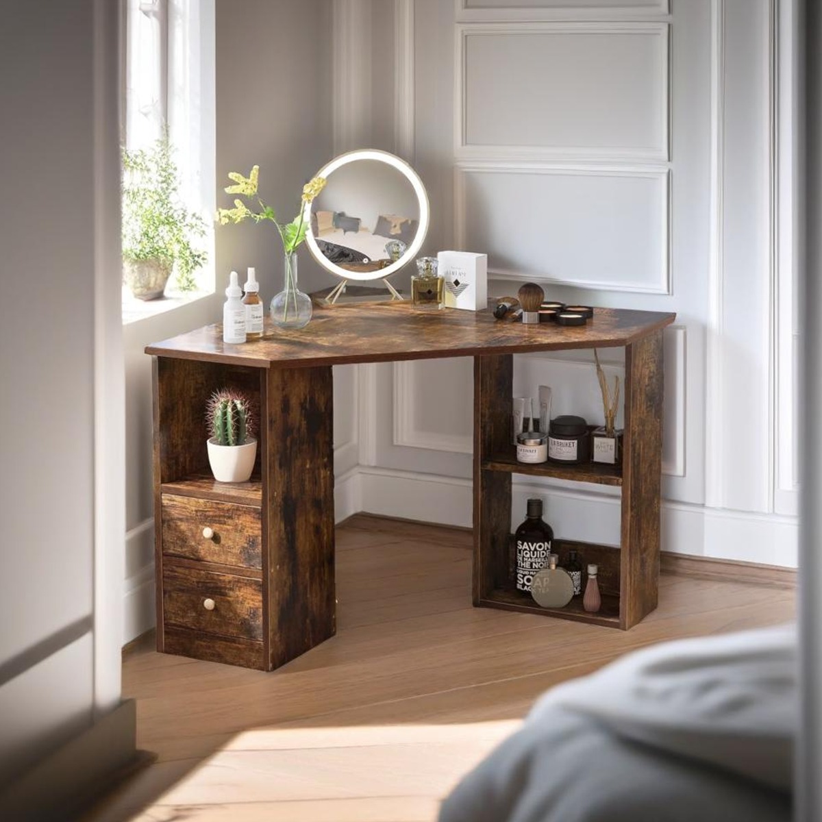 VANTORA Computer Desk L-Shaped Corner Desk with Drawers and Shelves 90 cm - Rustic Brown - The Urban Forge