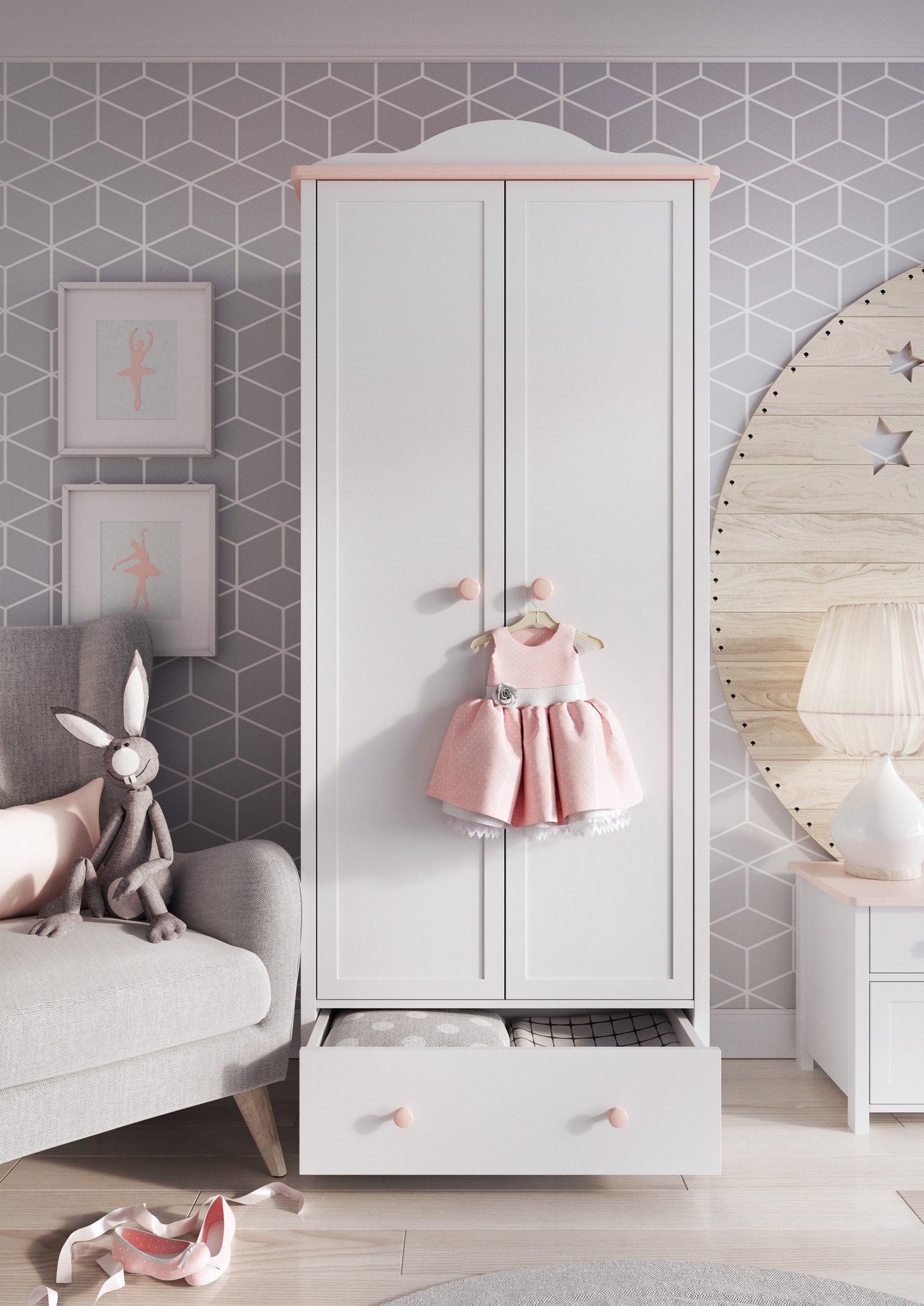 Wardrobe - LISA 2 Door Wardrobe White and Pink 85cm - Interior Savant