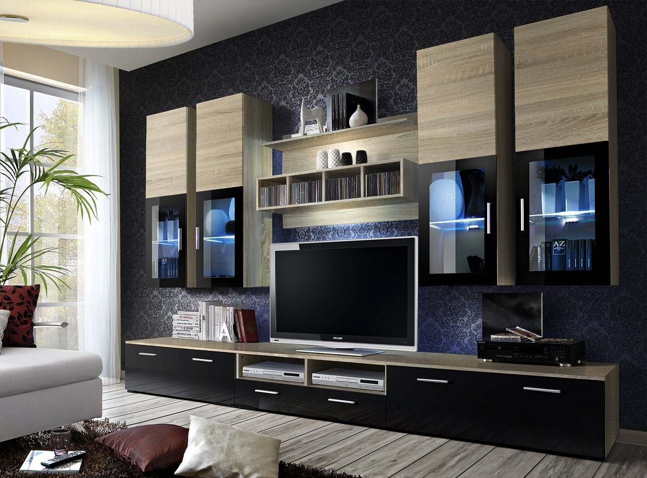 Harp Entertainment Unit - Black Gloss and Oak Sonoma - Art Nest