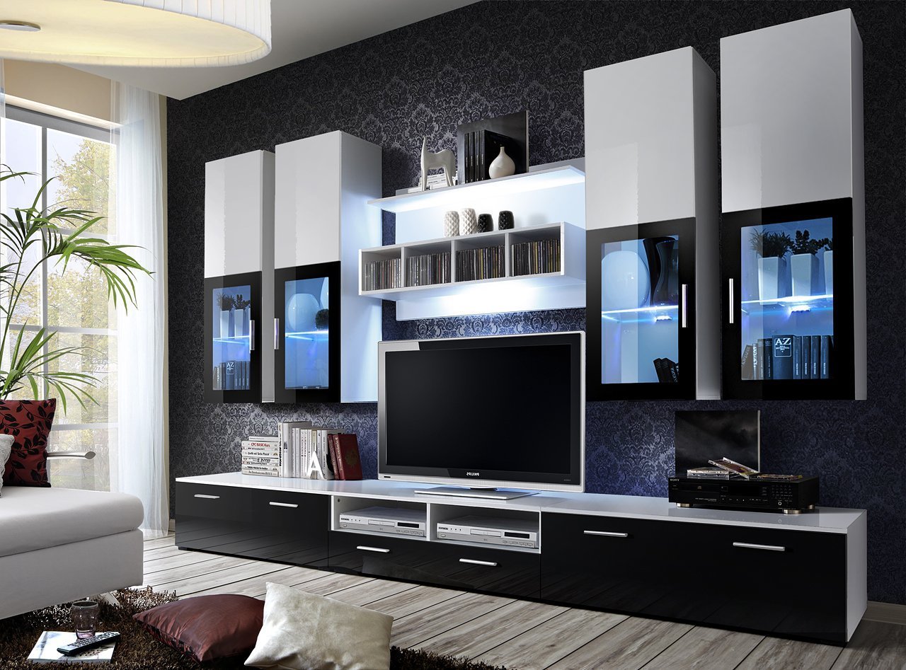 Harp Entertainment Unit - Black Gloss and White Gloss - Art Nest