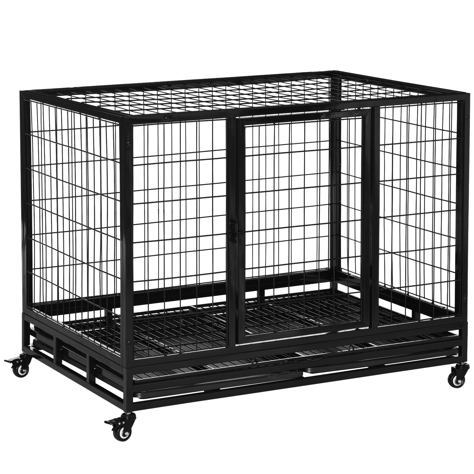 43" Heavy Duty Metal Dog Kennel Pet Cage with Crate Tray and Wheels - Black (Large) - Life Essentials