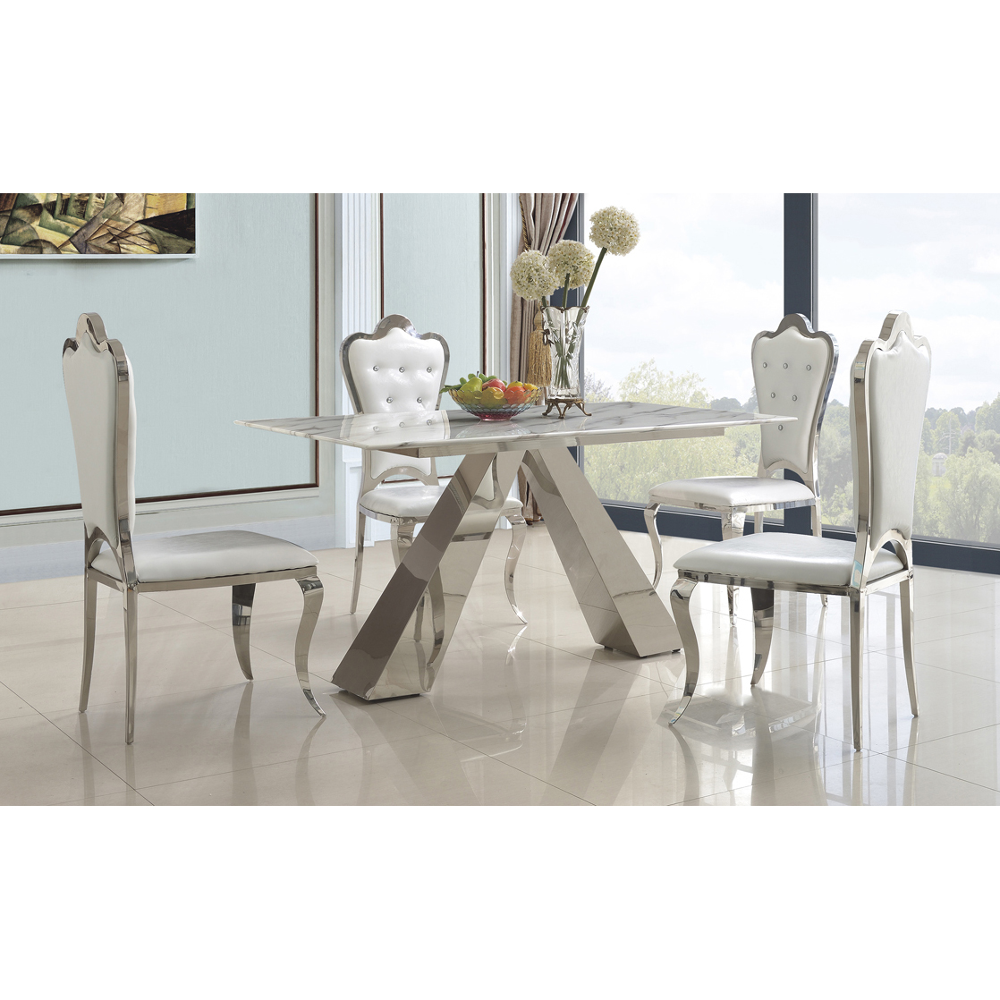 Batesville Elegance Marble Effect Dining Table with Stainless Steel Base - Silver - Sigrid Mills