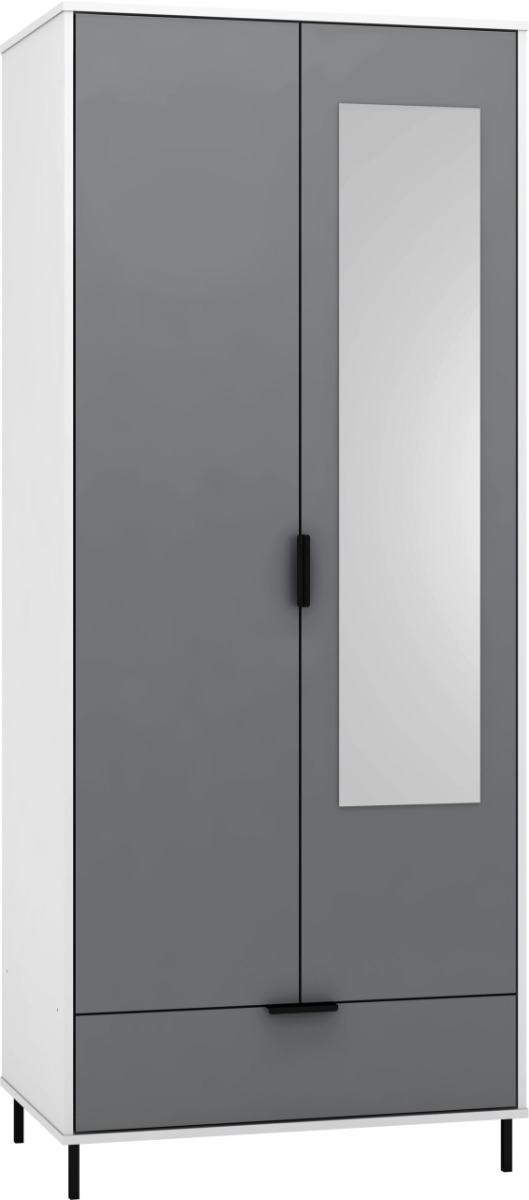 Wardrobe - MANILA 2 Door Mirrored Wardrobe Grey White Gloss 81cm - Budget Deals